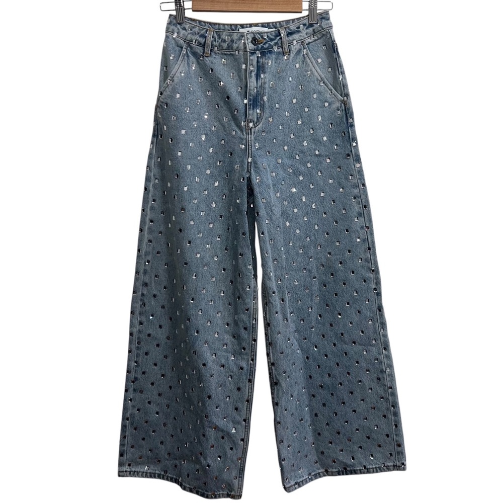 Self Portrait Square Rhinestone Wide Leg Denim Jeans - Picture 6 of 16